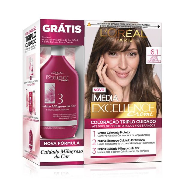 Kit Loreal Paris Tintura Imédia Excellence Creme 6.1 Louro Escuro Acinzentado + Tratamento Cuidado Milagroso Da Cor 50ml