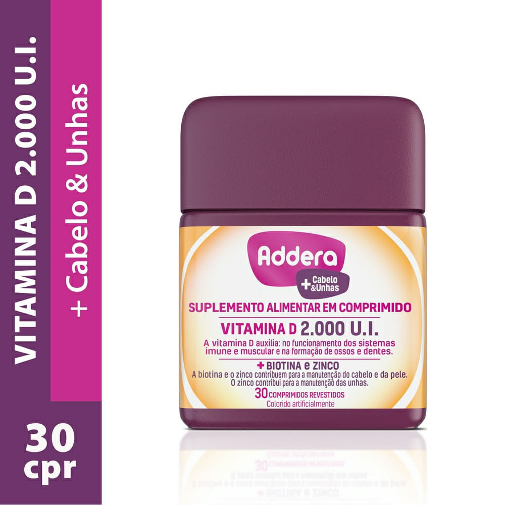 Suplemento Alimentar Addera + Cabelos e unhas Vitamina D 2.000 U.I 30 Comprimidos