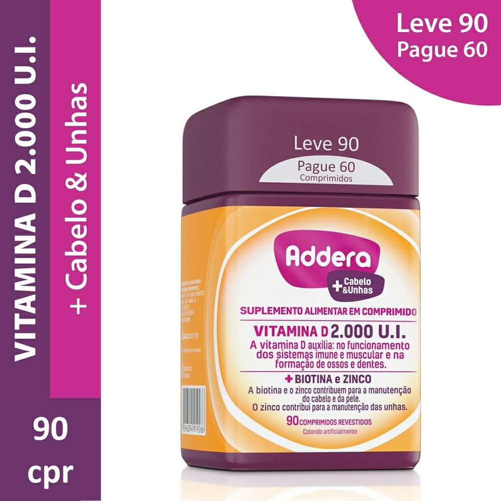 Suplemento Alimentar Addera + Cabelos e Unhas Vitamina D 2.000Ui 90 Comprimidos