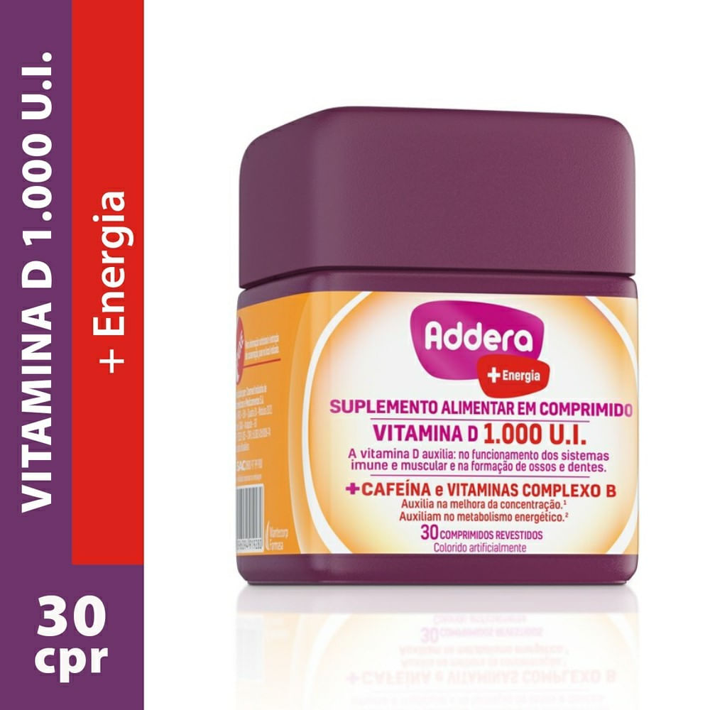 Suplemento Alimentar Addera + Energia Vitamina D 1.000Ui 30 Comprimidos