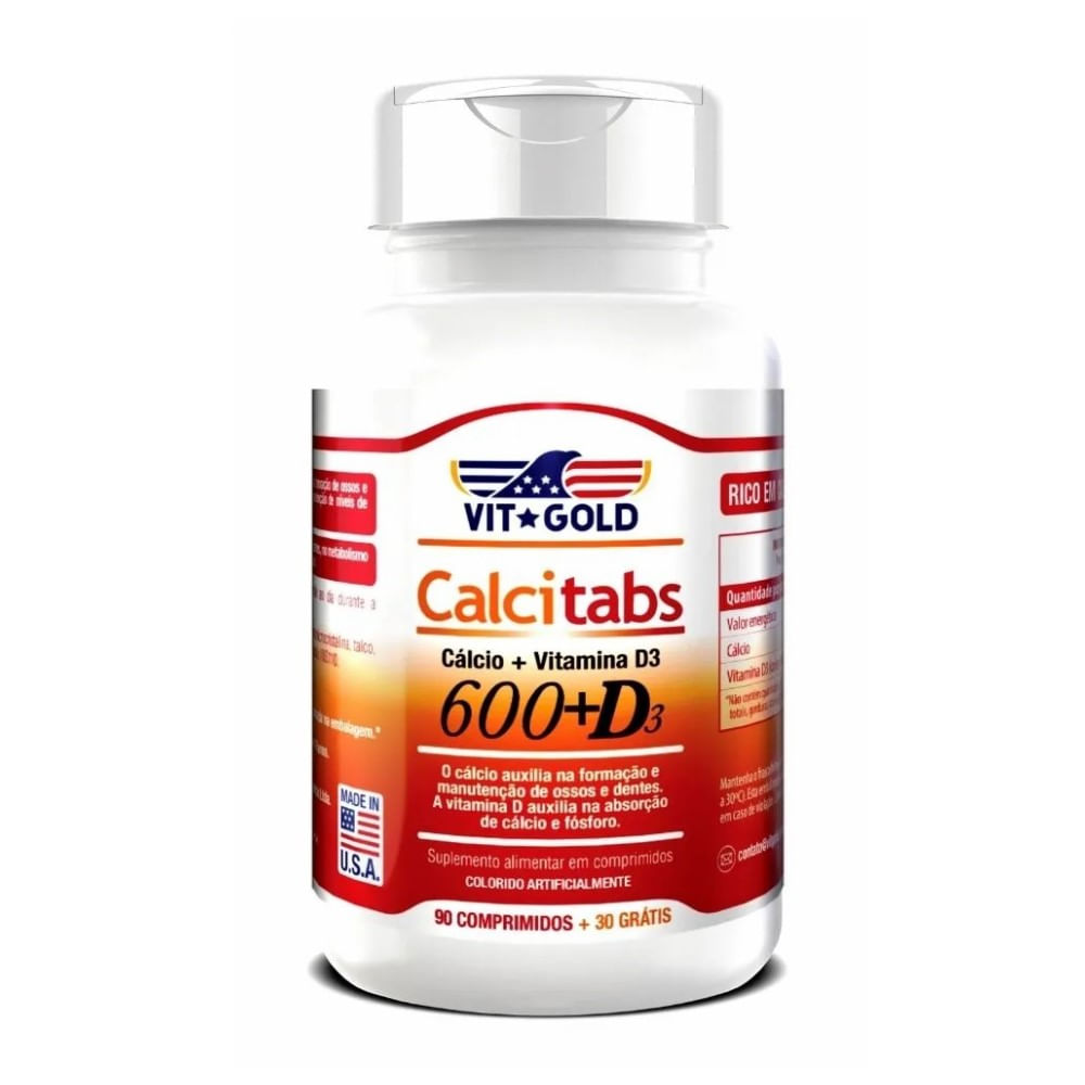 Calcitabs Vitgold Cálcio 600mg + Vitamina D3 90 Comprimidos