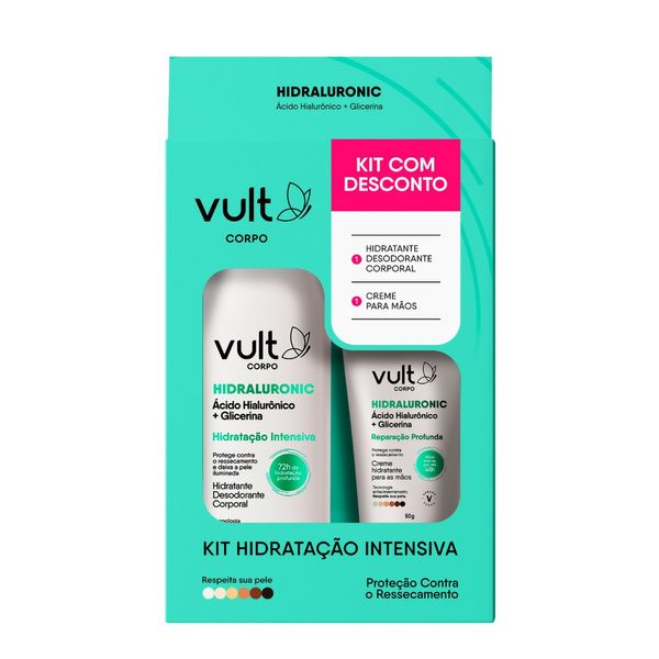 Kit Vult Corpo Hidraluronic Ácido Hialurônico + Glicerina Hidratante Desodorante Corporal 350ml + Creme Hidratante para as Mãos 50g