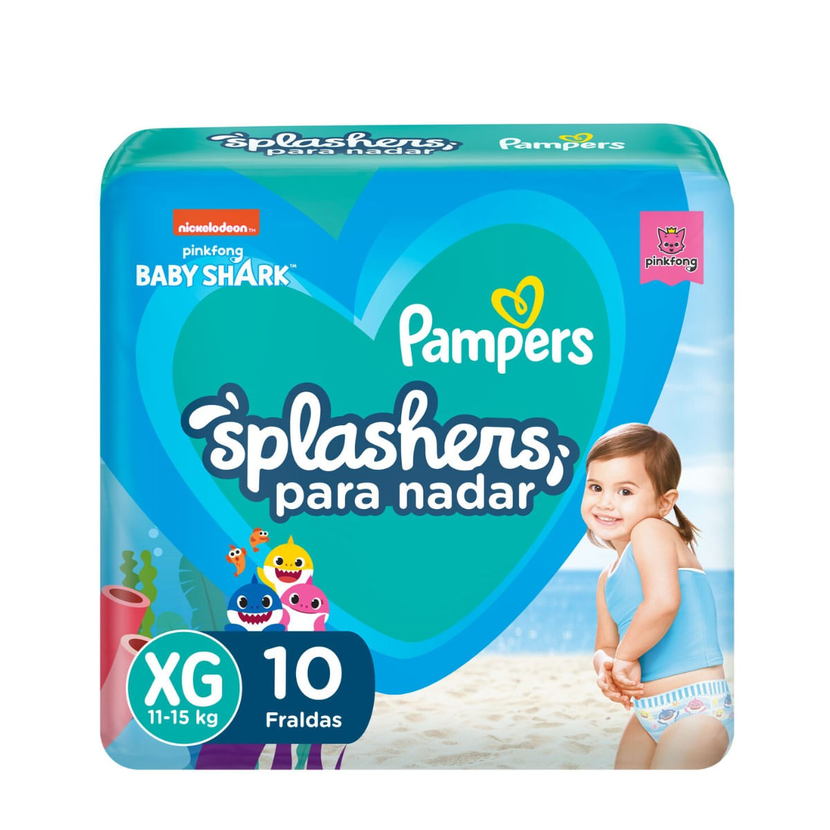 Fraldas Descartáveis Para Água Pampers Splashers para Nadar Baby Shark XG 10 Unidades