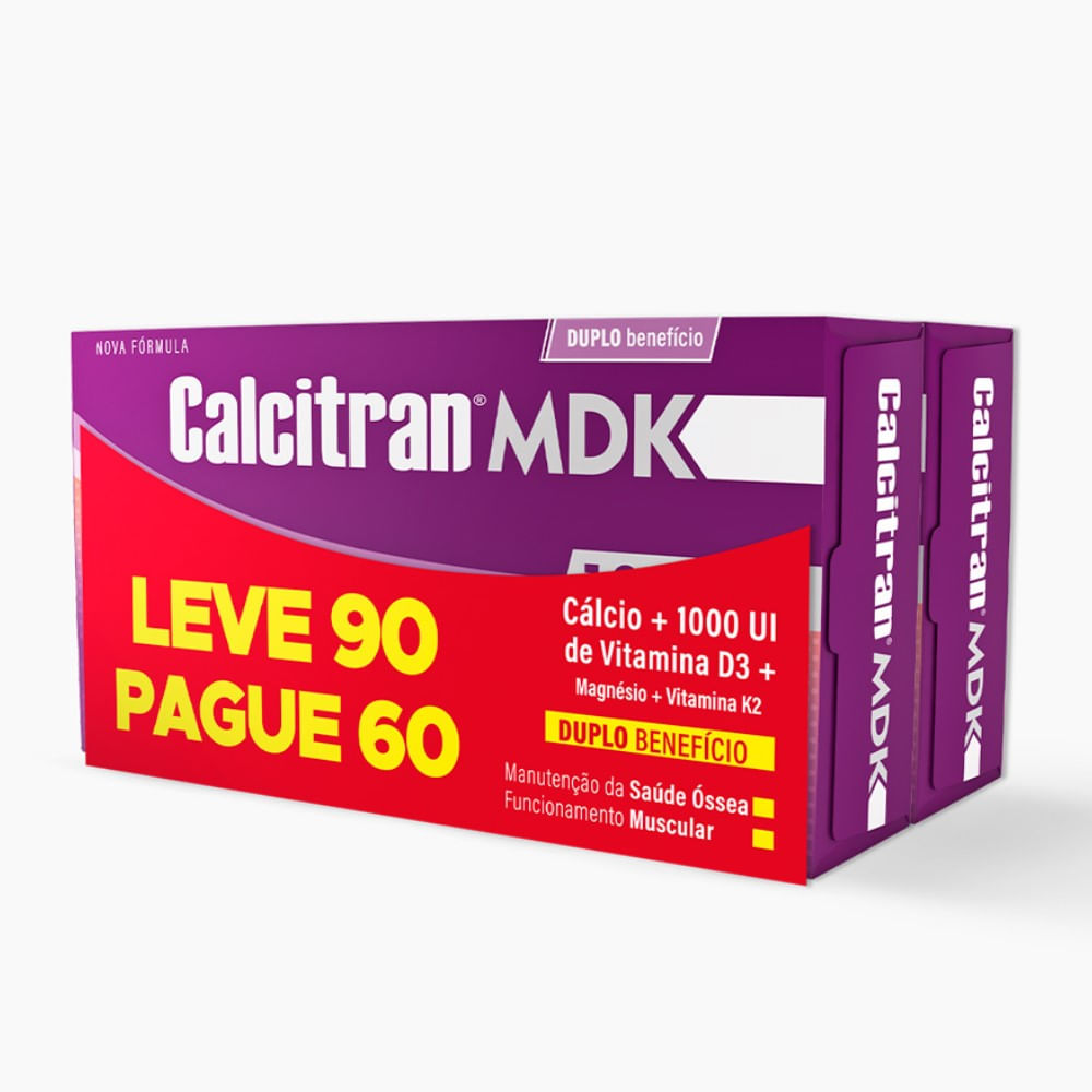 Calcitran MDK Cálcio com Magnésio, Vitamina D e K Leve 90 comprimidos, Pague 60 Comprimidos