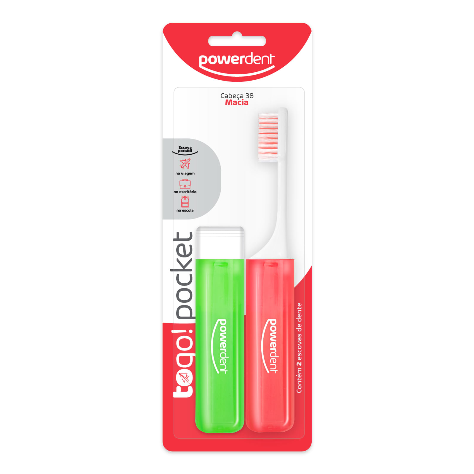 Escova Dental Powerdent Togo! Pocket 2 Unidades