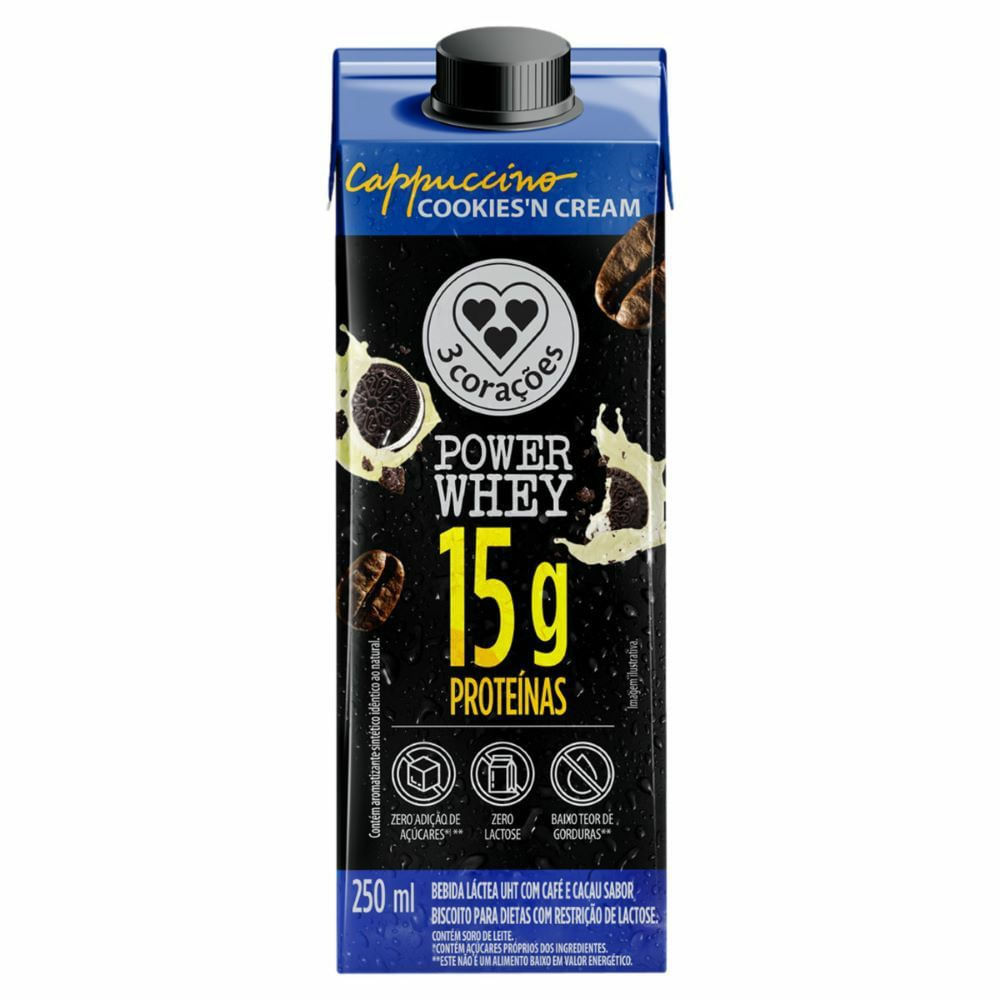 Bebida Láctea UHT 3 Corações Power Whey Cappuccino Zero Lactose Cookies'n Cream 250ml