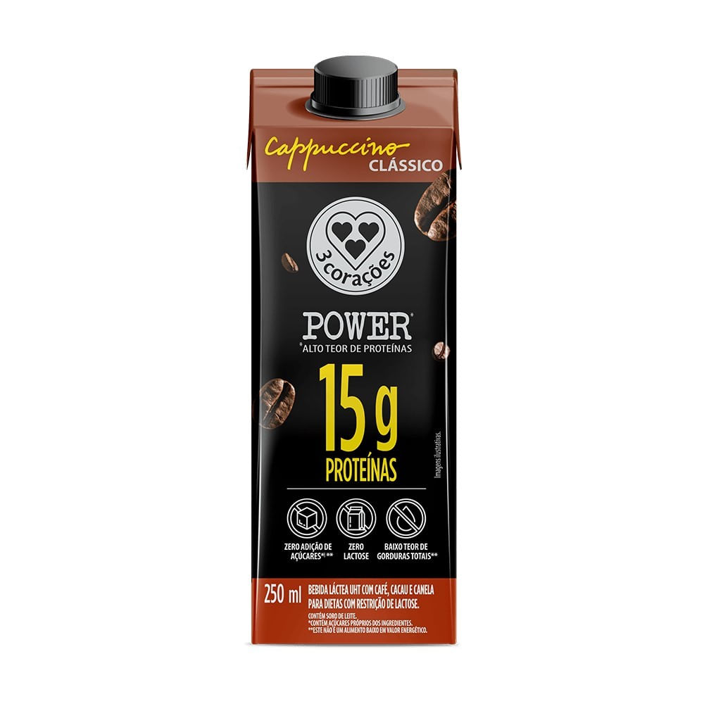Bebida Láctea UHT 3 Corações Power Cappuccino Clássico Zero Lactose 250ml