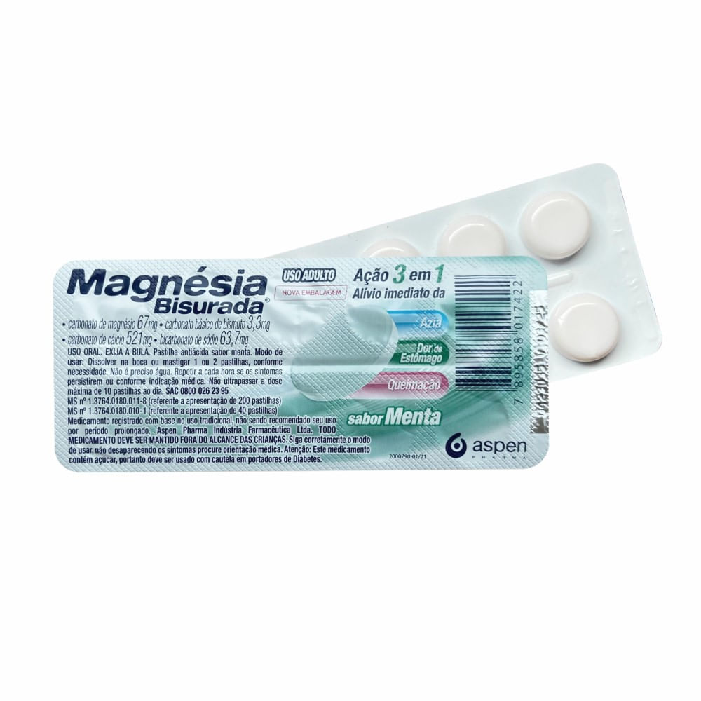 Magnésia Bisurada Sabor Menta 10 Pastilhas