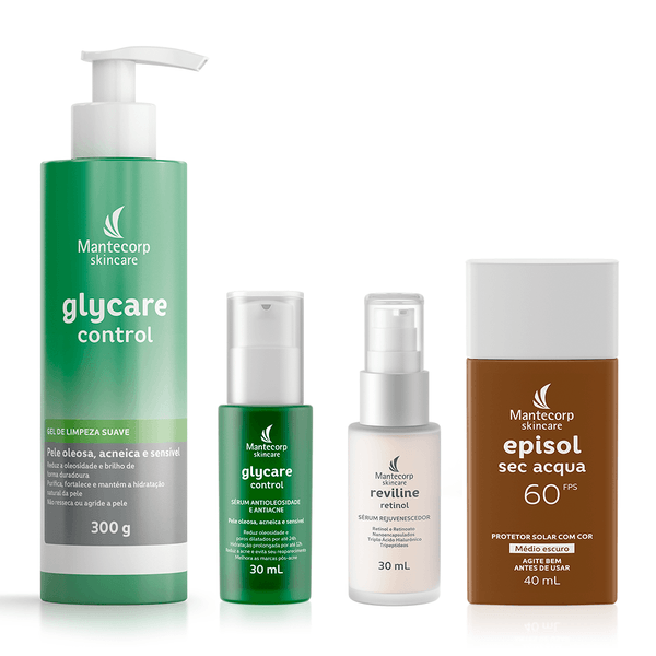 Kit Rotina para Acne Glycare Control Gel 300g + Sérum 30ml + Reviline Retinol 30ml + Episol Sec Acqua FPS 60 Médio Escuro