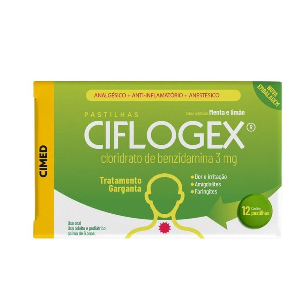 Pastilha De Garganta Ciflogex 3mg Cimed Menta e Limão 12 Pastilhas