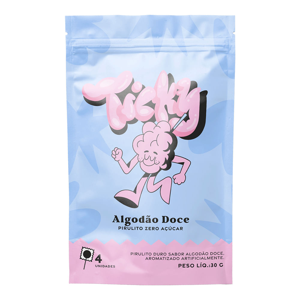 Pirulito Zero Açúcar Ticky Sabor Algodão Doce 4 unidades