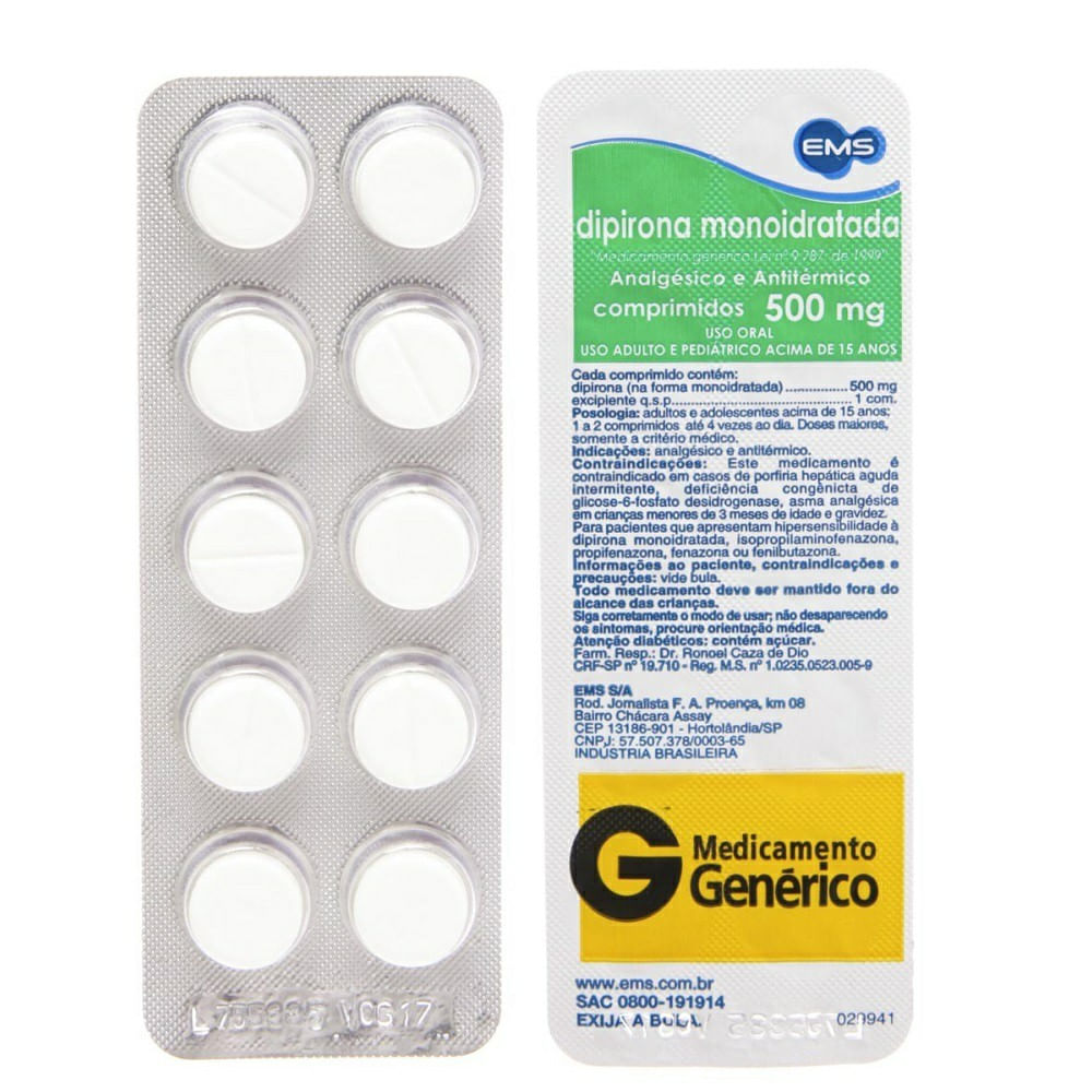 Dipirona 500mg Ems Gen&eacute;rico 10 Comprimidos