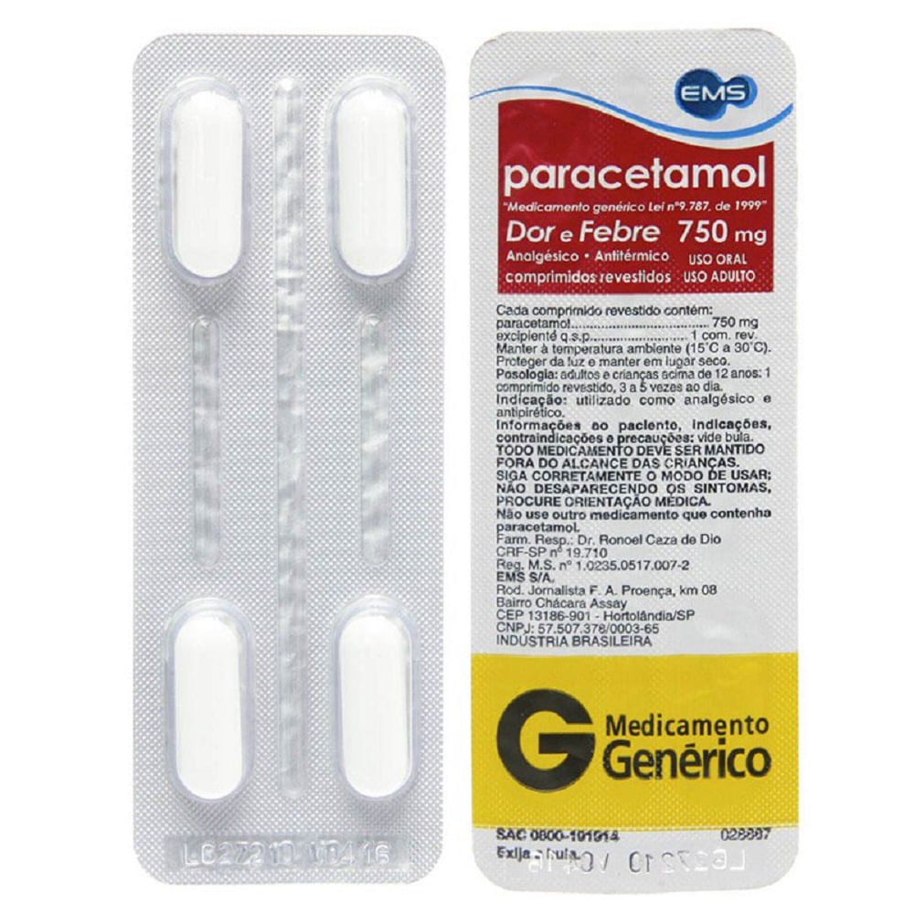 Paracetamol 750mg 4 Comprimidos Ems Gen&eacute;rico