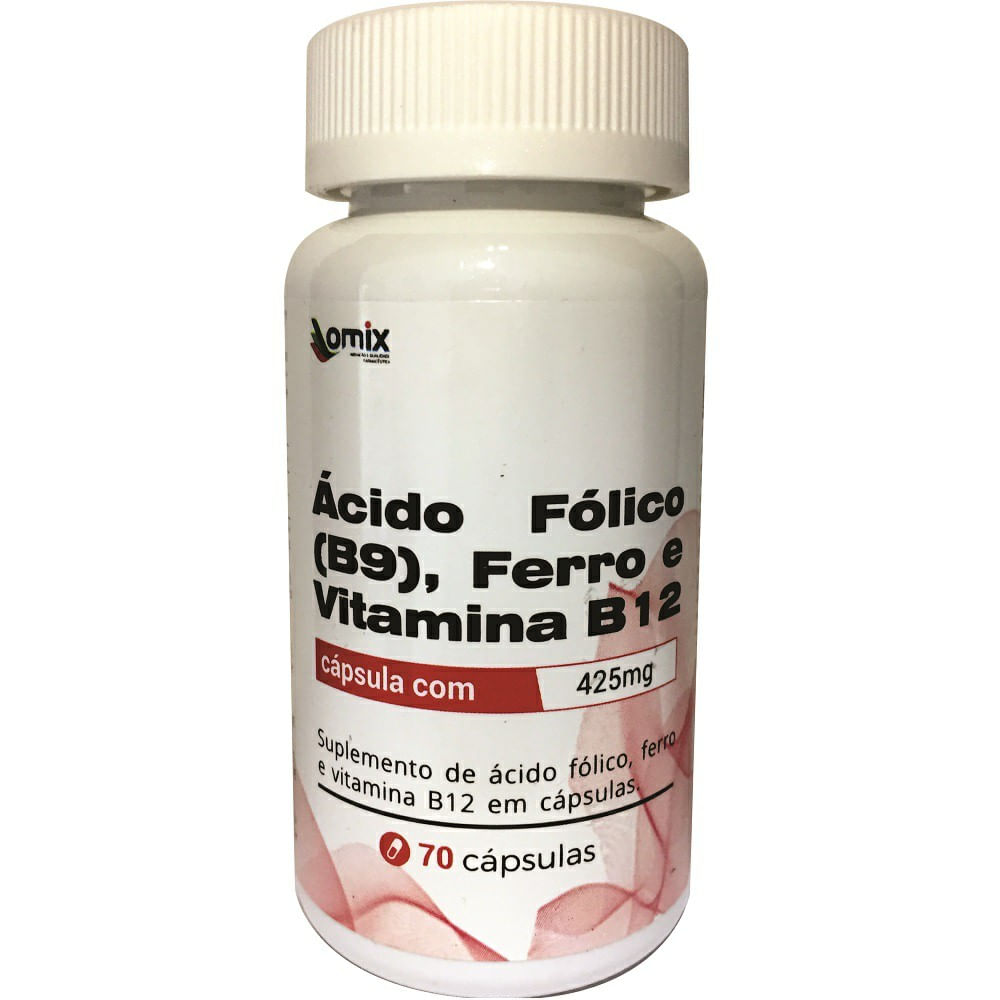 &Aacute;cido f&oacute;lico (B9) ferro e Vitamina B12 425mg Omix 70 c&aacute;psulas
