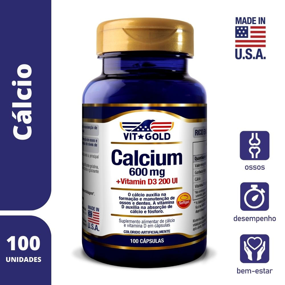 Calcium Vitgold 600 Mg + Vitamin D3 100 Cápsulas