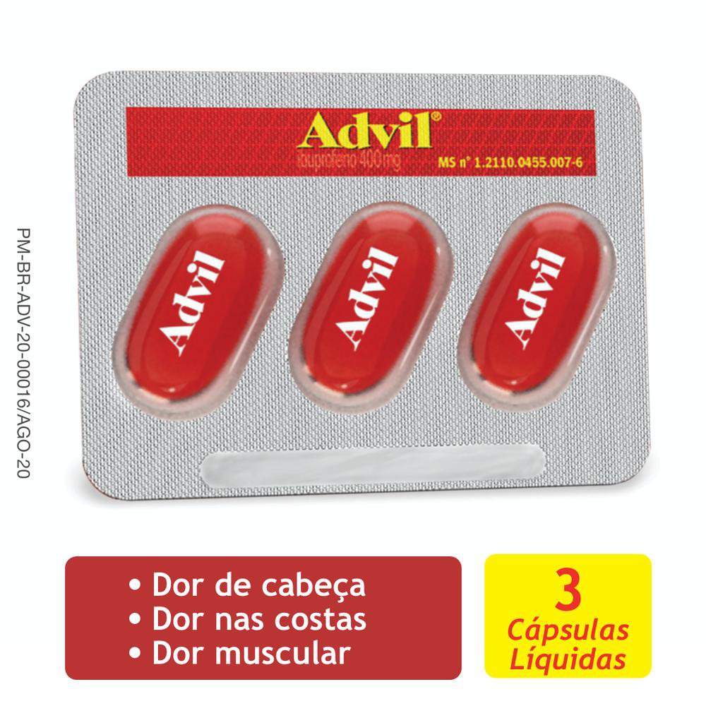 Advil Al&iacute;vio R&aacute;pido Ibuprofeno 400mg 3 C&aacute;psulas